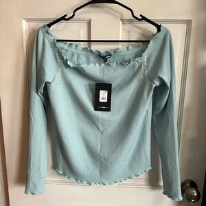 Fashion Nova Blue Ruffled Long Sleeve Crop Top Off Shoulder